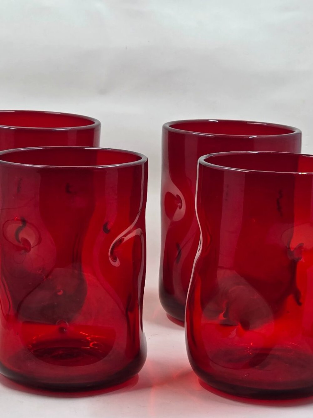 Vintage Blenko Dimple Drinking Glass Set of 4 Ruby Red Hand Blown 12 oz